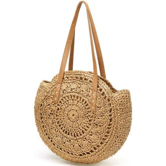 Khaki Straw Bag Round Summer Straw Large Woven Beach Bag Purse For Women - Picture 4 of 7